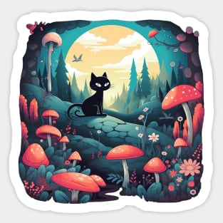 Mushroom Fairy Black Cat Landscape Sticker